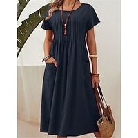 Women's Casual Dress Cotton Linen Dress Midi Dress Linen Cotton Blend Basic Modern Daily Weekend Crew Neck Pocket Short Sleeve Summer Spring 2023 Loose Fit Red Navy Blue Green Plain S M L XL 2XL Lightinthebox