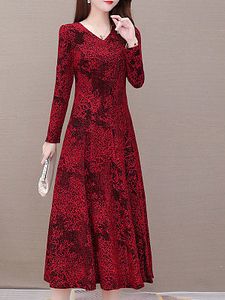 Long-sleeved Printed A-line Maxi Dress