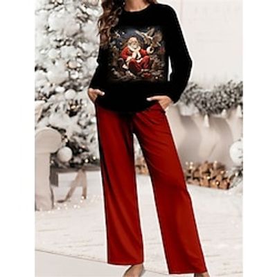 Women's Christmas Pajamas Sets Santa Claus Warm Comfort Soft Home Christmas Daily Polyester Gift Crew Neck Long Sleeve T shirt Tee Fall Winter Black Wine Lightinthebox