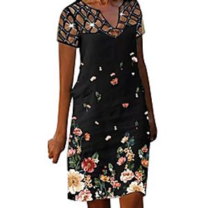 Women's A Line Dress Knee Length Dress Gray Khaki Green Black Short Sleeve Floral Print Fall V Neck Casual 2021 S M L XL XXL Lightinthebox