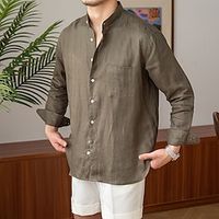 Men's Linen Shirt Shirt Summer Shirt Beach Shirt White Brown Long Sleeve Plain Standing Collar Spring   Fall Hawaiian Holiday Clothing Apparel Button-Down Lightinthebox