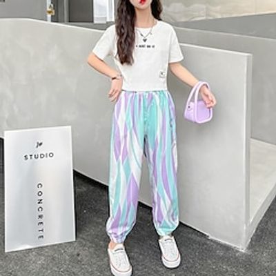 Kids Girls' T-shirt  Pants Clothing Set 2 Pieces Short Sleeve Purple Geometric Print Street Outdoor Cute Sweet Regular 4-13 Years miniinthebox