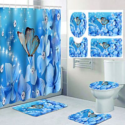 Diamond Flower Butterfly Pattern Printing Bathroom Shower Curtain Leisure Toilet Four-piece Set miniinthebox