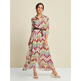 Satin Bohemia Geometric Split Sleeve Shirt Collar Maxi Dress