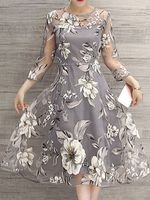 Crew Neck See Through Floral Printed Skater Dresses - thumbnail