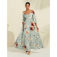 Print Satin Wedding Guest Lace up Maxi Dress