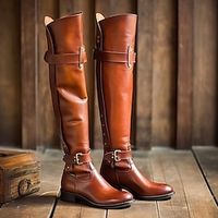 Women's Boots Biker boots Cowboy Boots Outdoor Daily Over The Knee Boots Winter Rivet Buckle Block Heel Flat Heel Round Toe Punk Vacation Vintage PU Zipper Brown miniinthebox