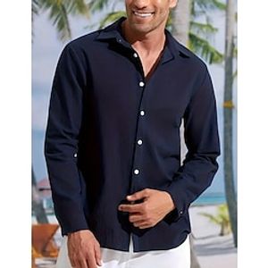 Men's Shirt Linen Shirt Button Up Shirt Beach Shirt Navy Blue Long Sleeve Plain Lapel Spring   Fall Casual Daily Clothing Apparel Lightinthebox