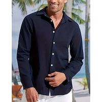 Men's Shirt Linen Shirt Button Up Shirt Beach Shirt Navy Blue Long Sleeve Plain Lapel Spring   Fall Casual Daily Clothing Apparel Lightinthebox - thumbnail