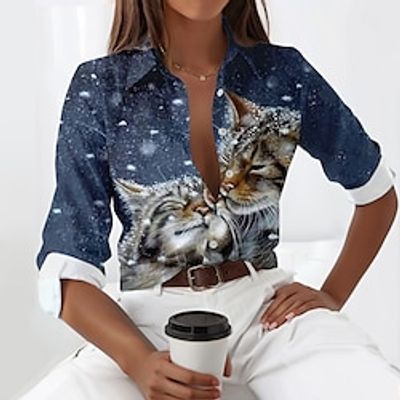 Women's Shirt Blouse Cat 3D Red Blue Green Print Button Long Sleeve Casual Fashion Shirt Collar Regular Fit Spring   Fall Lightinthebox