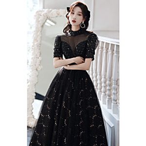 A-Line Sparkle Vintage Prom Formal Evening Dress High Neck Short Sleeve Floor Length Tulle with Pleats Sequin 2021 miniinthebox
