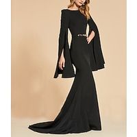 Mermaid  Trumpet Maxi Elegant Wedding Guest Formal Evening Dress Scoop Neck Long Sleeve Court Train Stretch Fabric with Sash  Ribbon 2022 Lightinthebox - thumbnail