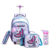 Eazy Kids 18Inch Set Of 4 Trolley School Bag With Tritan 420Ml Water Bottle Lunch Bag And Pencil Case - Mermaid Purple