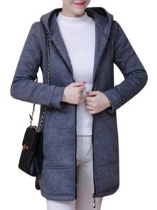 Solid Zipper Hooded Thick Casual Coat