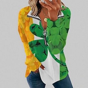 Women's T shirt Tee Grass Green White Yellow Leaf St. Patrick's Day Quarter Zip Print Long Sleeve Casual Holiday Basic V Neck Regular Floral S miniinthebox