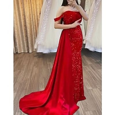 Mermaid  Trumpet Evening Gown Sparkle  Shine Dress Christmas Court Train Sleeveless Off Shoulder Sequined with Sequin Slit 2023 Lightinthebox