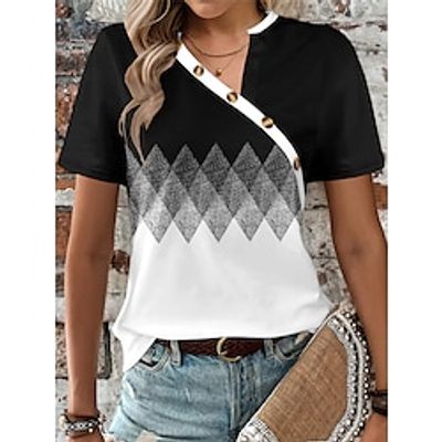 Women's T shirt Tee Geometric Daily Weekend White Pink Blue Print Button Short Sleeve Fashion Diagonal Neck Regular Fit Summer Lightinthebox