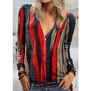 Women's T shirt Striped Long Sleeve Quarter Zip Print V Neck Basic Tops Blue Purple Red miniinthebox