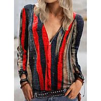 Women's T shirt Striped Long Sleeve Quarter Zip Print V Neck Basic Tops Blue Purple Red miniinthebox - thumbnail