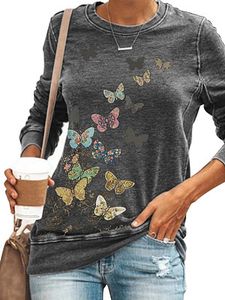 Round Neck Butterfly Print Long Sleeve T-shirt