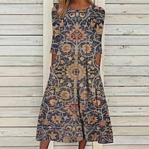 Women's Casual Dress Shift Dress Swing Dress Midi Dress Blue 34 Length Sleeve Floral Ruched Winter Fall Spring Crew Neck Fashion Daily 2022 S M L XL XXL 3XL Lightinthebox