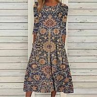 Women's Casual Dress Shift Dress Swing Dress Midi Dress Blue 34 Length Sleeve Floral Ruched Winter Fall Spring Crew Neck Fashion Daily 2022 S M L XL XXL 3XL Lightinthebox - thumbnail