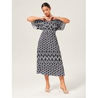 Geometric Print V-Neck Cinched Maxi Dress