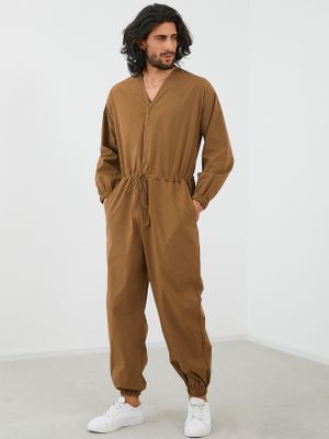 Men V-neck Drawstring Waist Long Sleeve Overalls Jumpsuit Men V-neck Drawstring Waist Long Sleeve Overalls Jumpsuit