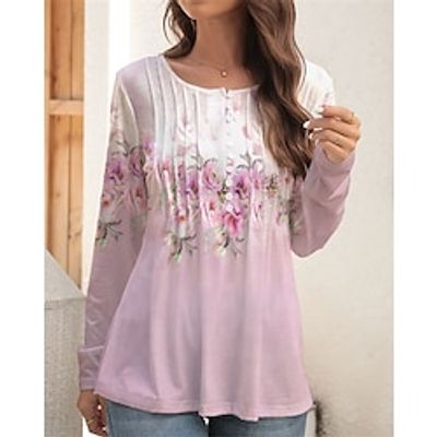 Women's T shirt Tee Henley Shirt Floral Pink Blue Green Print Button Long Sleeve Casual Holiday Fashion Round Neck Regular Fit Spring   Fall Lightinthebox