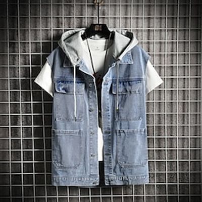 Men's Vest Denim Vest Outdoor Dailywear Basic Jeans Windproof Solid  Plain Color Single Breasted Hooded Form Fit Black Blue Vest Lightinthebox