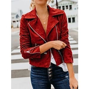 Women's Casual Jacket Fall Zipper Suede Leather Moto Jacket Plain Breathable Streetwear Loose Fit Outerwear Long Sleeve Fall Black S Lightinthebox