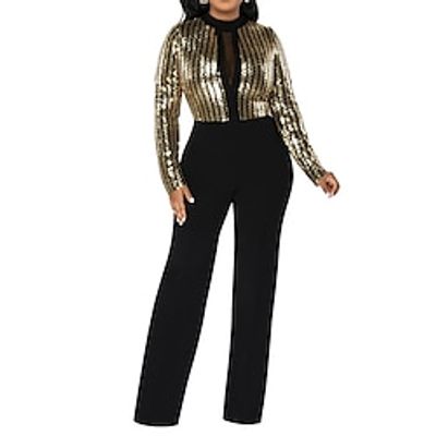 Women's Jumpsuit Sparkly Sequin Solid Color Round Neck Active Party Daily Slim Long Sleeve Black S M L Fall miniinthebox
