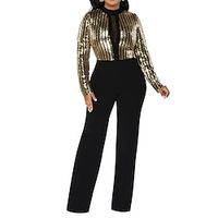 Women's Jumpsuit Sparkly Sequin Solid Color Round Neck Active Party Daily Slim Long Sleeve Black S M L Fall miniinthebox - thumbnail