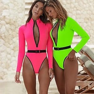 Women's One Piece Swimsuit Rash Guard Spandex Bodysuit Bathing Suit UV Sun Protection UPF50 Breathable Stretchy Long Sleeve Front Zip - Swimming Surfing Beach Water Sports Solid Color Autumn / Fall miniinthebox