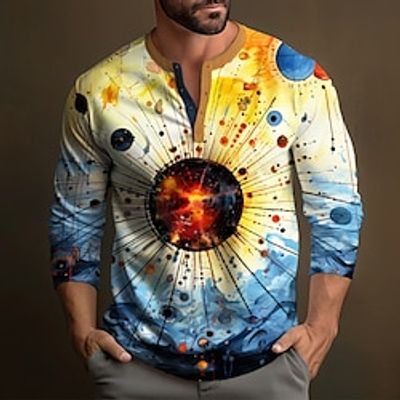 Graphic Splash Ink Fashion Daily Casual Men's 3D Print Henley Shirt Casual Holiday Going out T shirt Yellow Blue Purple Long Sleeve Henley Shirt Spring   Fall Clothing Apparel S M L XL XXL 3XL 4XL Lightinthebox