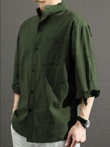 Men Autumn Casual Stand Collar Plain Single Pocket Shirt