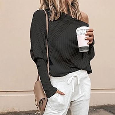 Women's Pullover Sweater Jumper Jumper Ribbed Knit Knitted Cold Shoulder Pure Color Crew Neck Stylish Casual Outdoor Daily Winter Fall Black Army Green S M L miniinthebox