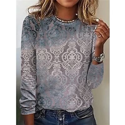Women's T shirt Tee Gray Floral Long Sleeve Home Casual Basic Ethnic Round Neck Regular S Lightinthebox