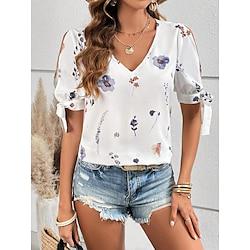 Women's Shirt Floral Plain Daily White Short Sleeve Elegant Daily V Neck Summer Lightinthebox