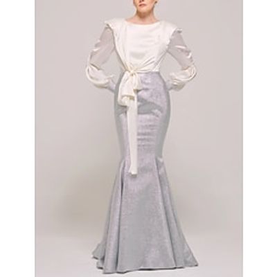 Mermaid  Trumpet Mother of the Bride Dress Wedding Guest Party Scoop Neck Sweep  Brush Train Stretch Satin Long Sleeve with Bow(s) Ruching 2023 Lightinthebox