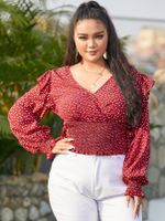 YOINS Plus Size V-neck Polka Dot Shirring Tie-up Design Long Sleeves Blouse - thumbnail
