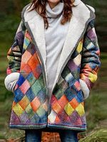 Women's Colorful Plaid Printed Casual Fleece Thickened Hooded Coat