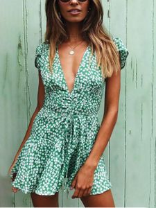 Star Print Ruffle Trim Belted Tie-up Design Deep V-neck Cap Sleeves Dress