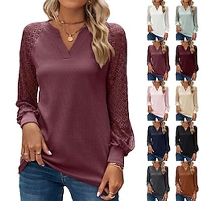 Women's Shirt Blouse Black White Red Solid Color Lace Street Daily Fashion V Neck Spring  Fall Lightinthebox