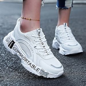 Women's Sneakers Dad Shoes Outdoor Daily Lace-up Flat Heel Round Toe Sporty Casual Running Shoes Faux Leather Lace-up White Lightinthebox