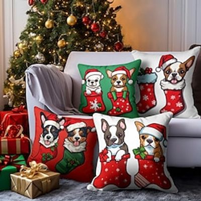 Christmas Sock Dogs Double Side Pillow Cover 4PC Xmas Soft Decorative Square Cushion Case Pillowcase for Bedroom Livingroom Sofa Couch Chair miniinthebox
