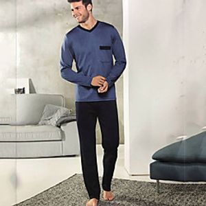 Men's Elastic Waistband Stripes Cotton Loungewear Suits T shirt Pant Scoop Neck Home M Wine  2 Pieces  2 Pieces  Long Sleeve Lightinthebox