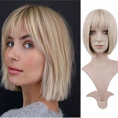 Synthetic Wig Natural Straight Bob Neat Bang Machine Made Wig 12 inch Bleached Blonde Synthetic Hair 12 inch Women's Classic Color Gradient Comfy Blonde Gradient  Daily Wear Lightinthebox