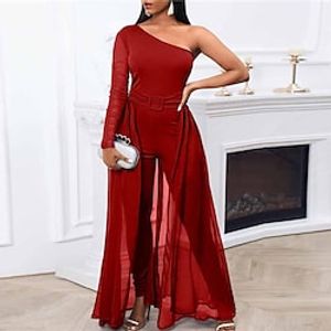 Women's Jumpsuit High Waist Solid Color One Shoulder Streetwear Party Street Regular Fit Long Sleeve Blue Red Black S M L Winter Lightinthebox