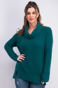 Womens Petite Cowl-Neck Vented-Hem Sweater  Tree Green